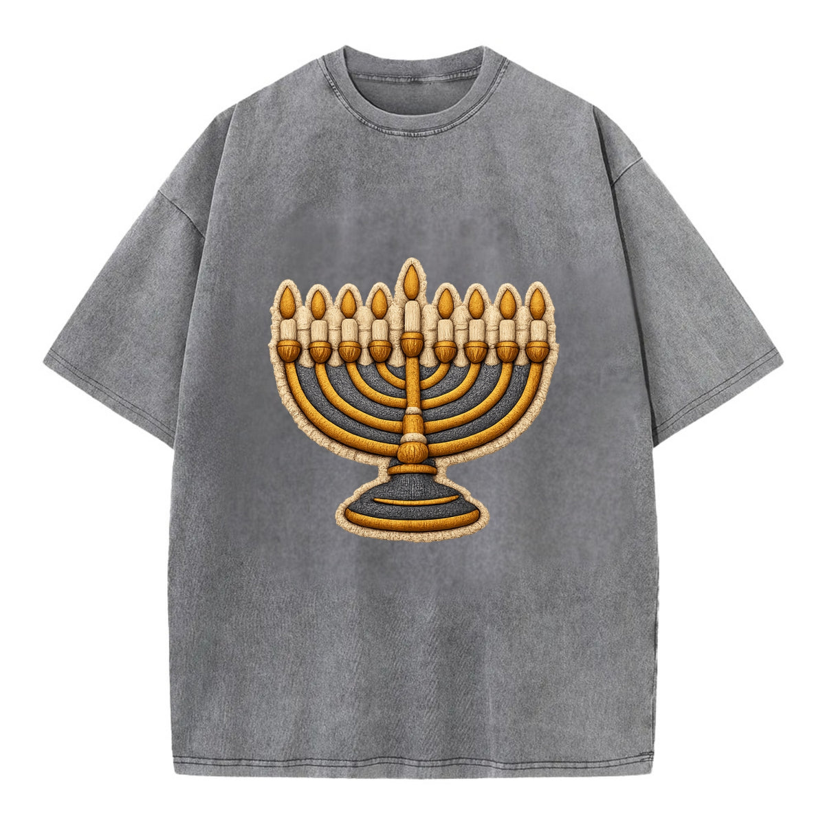 MENORAH LIGHTS - nine branch candelabra in gold and blue , Hanukkah - Vintage T-shirt - Grey