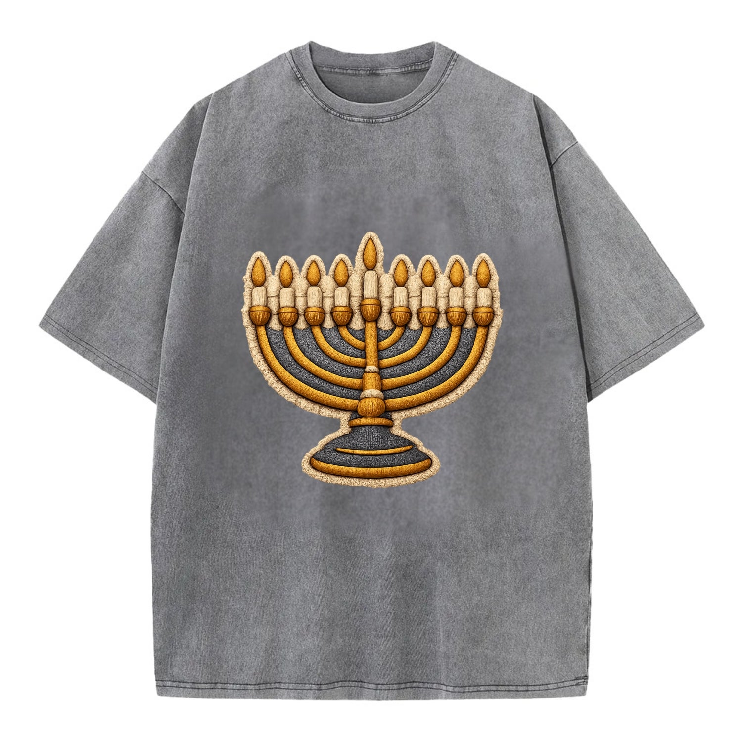 MENORAH LIGHTS - nine branch candelabra in gold and blue , Hanukkah - Vintage T-shirt - Grey