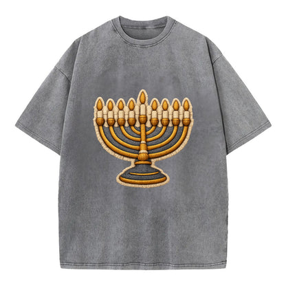 MENORAH LIGHTS - nine branch candelabra in gold and blue , Hanukkah - Vintage T-shirt - Grey