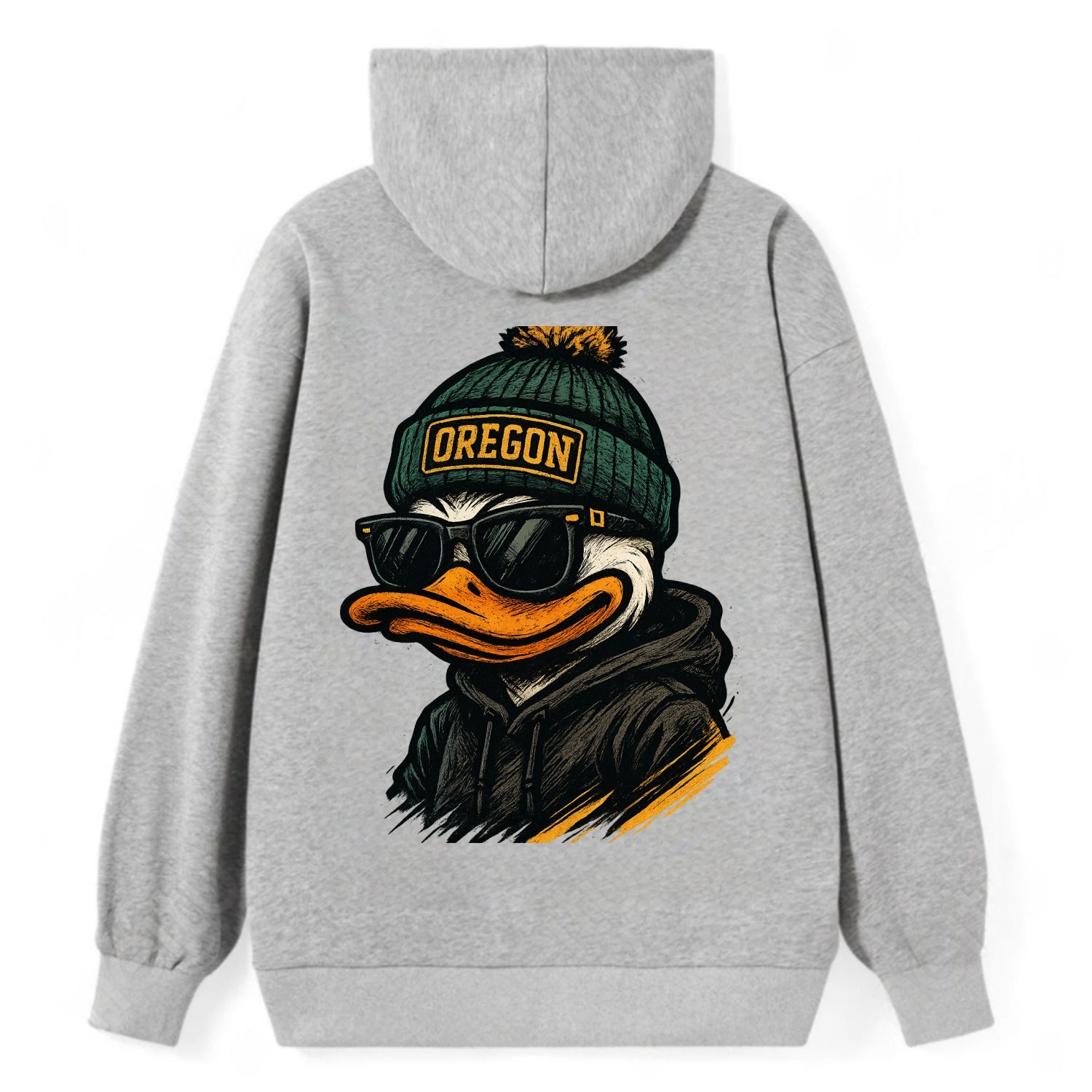 Eugene Duck wearing Oregon beanie with O patch - Classic Pullover Hoodie - Grey