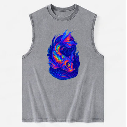 Sacred koi with scales reflecting rainbow prisms, yin-yang patterns in cosmic - Vintage Washed Tank - Grey