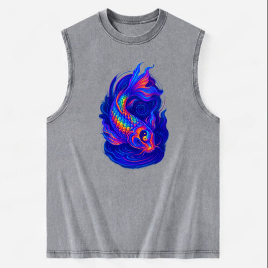Sacred koi with scales reflecting rainbow prisms, yin-yang patterns in cosmic - Vintage Washed Tank - Grey