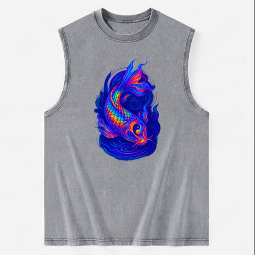 Sacred koi with scales reflecting rainbow prisms, yin-yang patterns in cosmic - Vintage Washed Tank