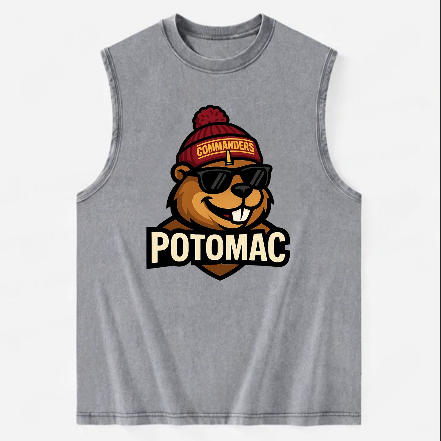Potomac Beaver wearing Commanders beanie with monument patch and wayfarer - Vintage Washed Tank - Grey