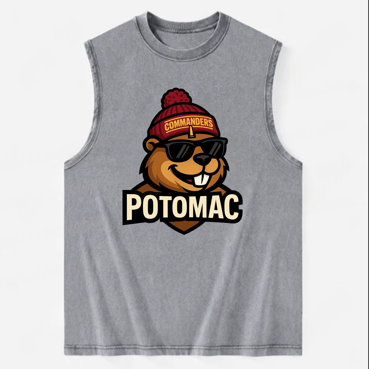 Potomac Beaver wearing Commanders beanie with monument patch and wayfarer - Vintage Washed Tank - Grey