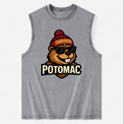Potomac Beaver wearing Commanders beanie with monument patch and wayfarer - Vintage Washed Tank - Grey
