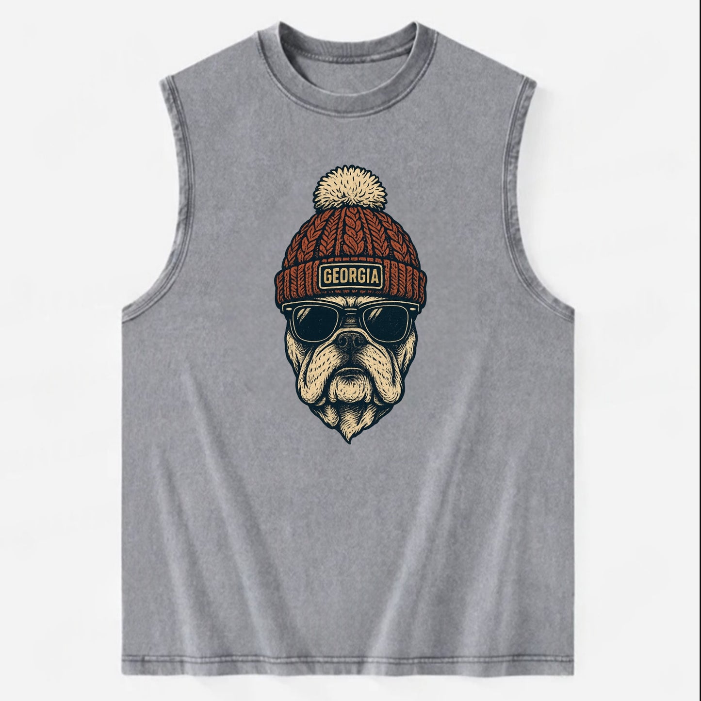 Athens Bulldog wearing Georgia beanie wi - Vintage Washed Tank - Grey