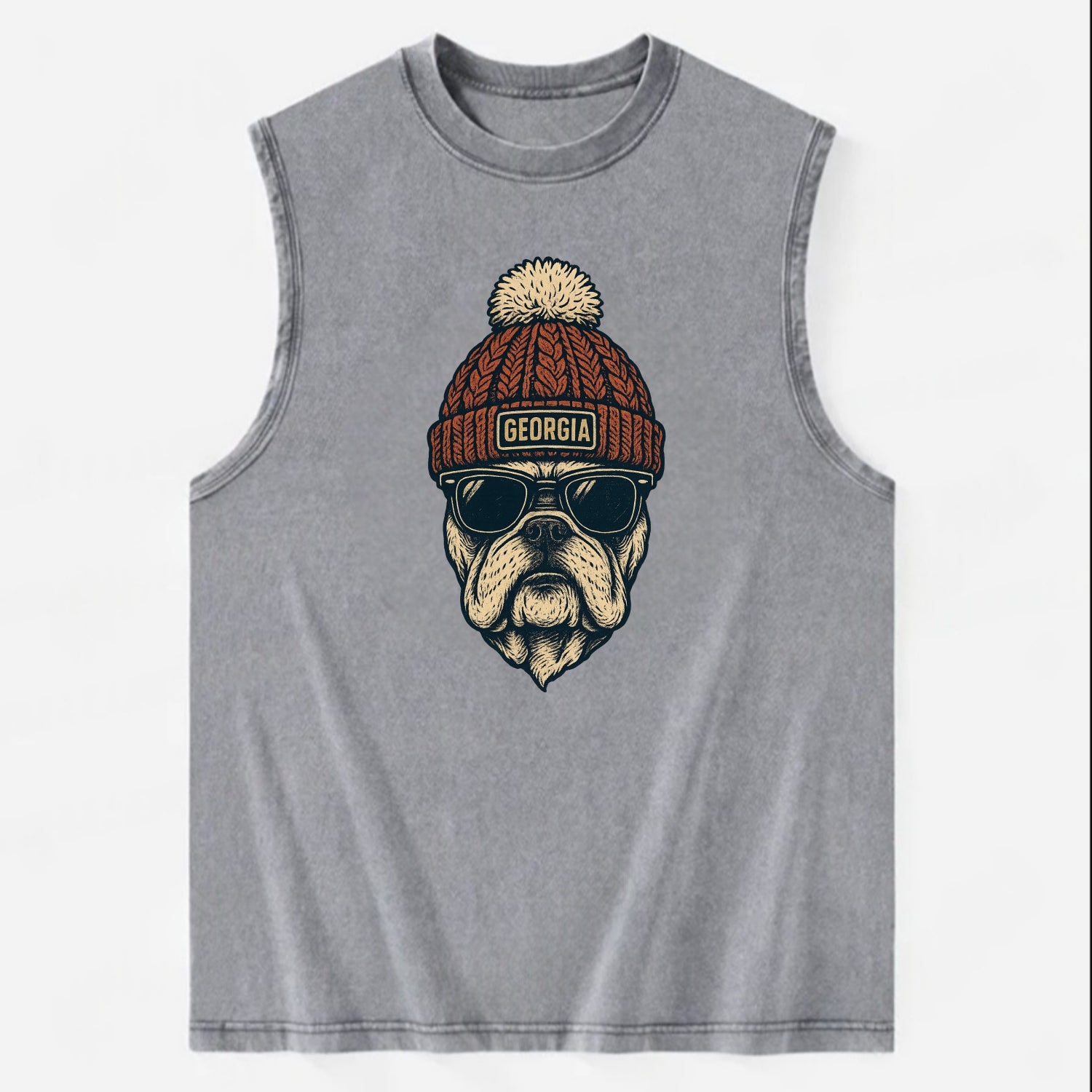 Athens Bulldog wearing Georgia beanie wi - Vintage Washed Tank - Grey