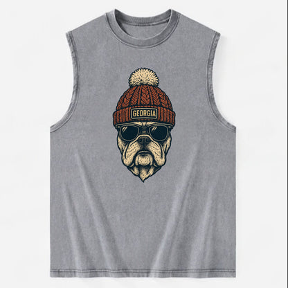 Athens Bulldog wearing Georgia beanie wi - Vintage Washed Tank - Grey