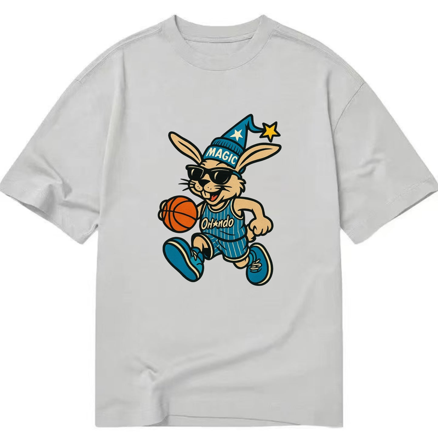 Orlando Rabbit wearing Magic blue and silver beanie with wizard hat and wayfarer - Classic T-shirt - Grey