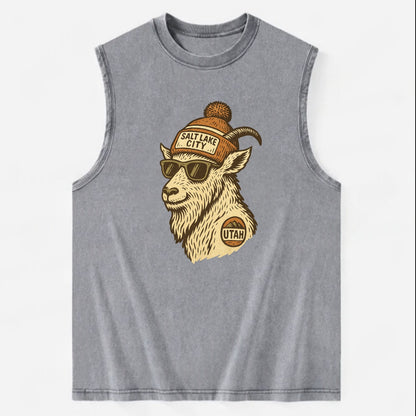 Utah Mountain Goat wearing Salt Lake City beanie with pom pom and wayfarer - Vintage Washed Tank - Grey