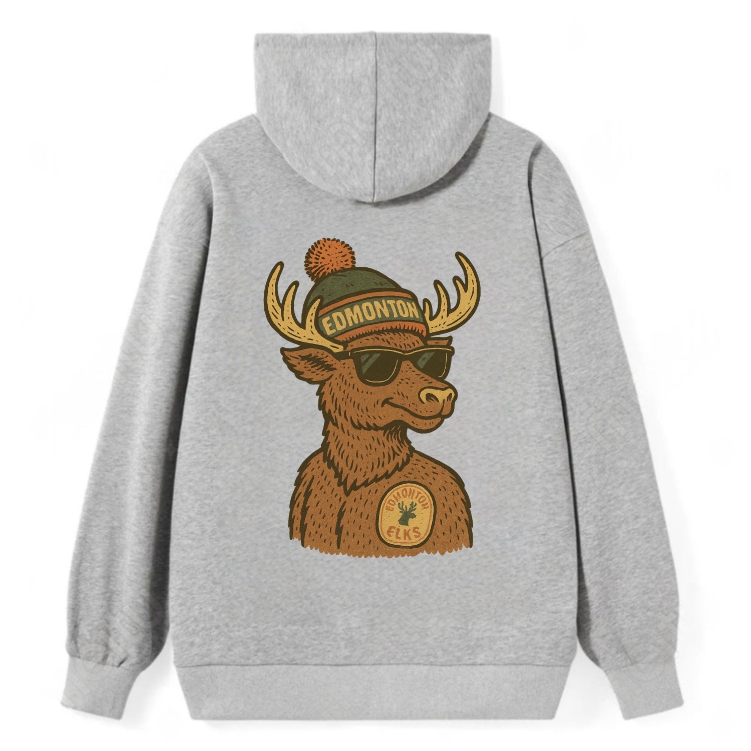 Edmonton Elk wearing Edmonton beanie with pom pom and wayfarer sunglasses - Classic Pullover Hoodie - Grey