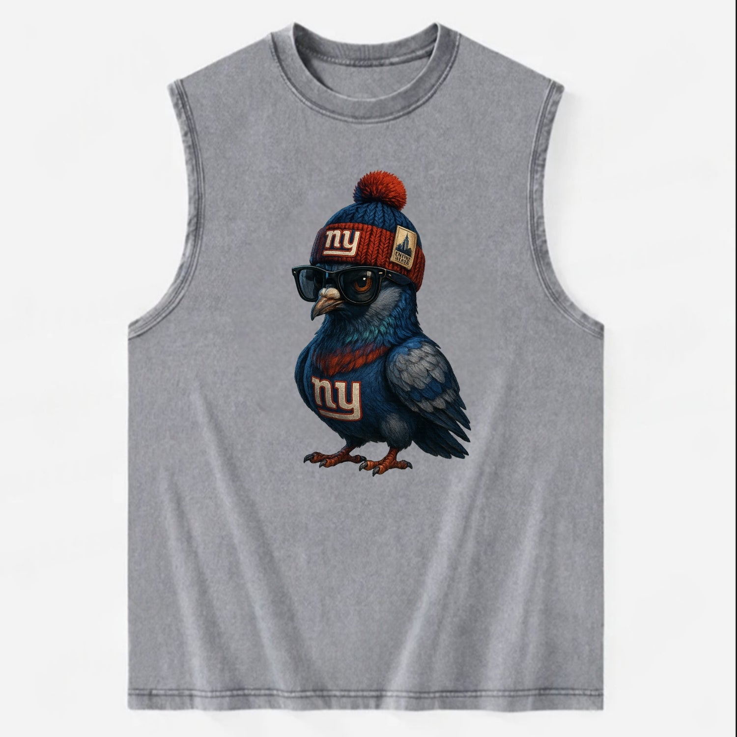 Manhattan Pigeon wearing Giants beanie with Empire State patch and wayfarer - Vintage Washed Tank - Grey