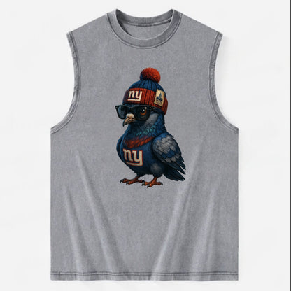 Manhattan Pigeon wearing Giants beanie with Empire State patch and wayfarer - Vintage Washed Tank - Grey
