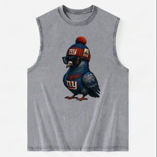 Manhattan Pigeon wearing Giants beanie with Empire State patch and wayfarer - Vintage Washed Tank