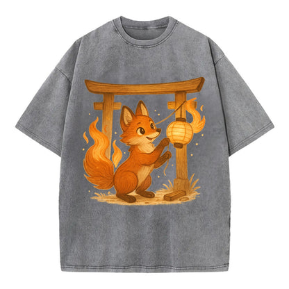 Foxfire kitsune stringing lanterns along a torii gate with tails of living flame - Vintage T-shirt - Grey