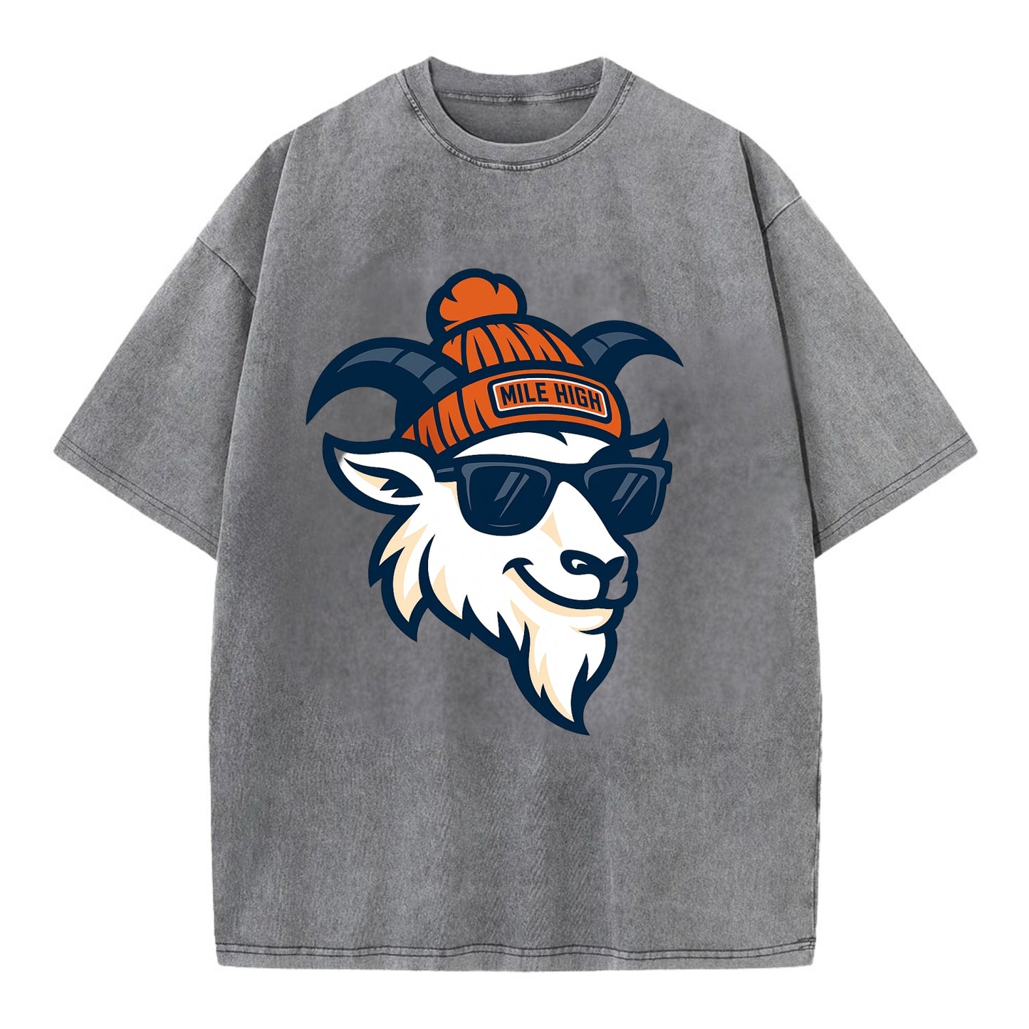 Denver Mountain Goat wearing Broncos beanie with Mile High patch and wayfarer - Vintage T-shirt - Grey