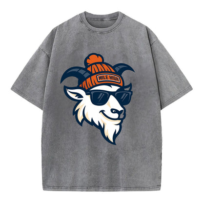 Denver Mountain Goat wearing Broncos beanie with Mile High patch and wayfarer - Vintage T-shirt - Grey