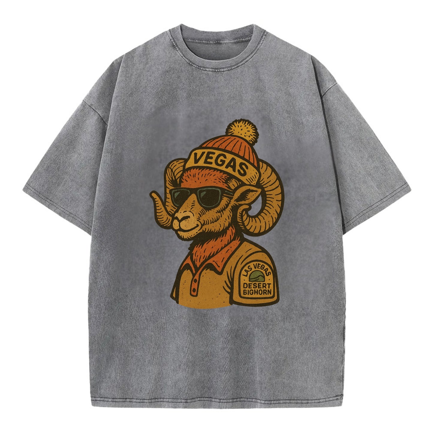 Las Vegas Desert Bighorn wearing Vegas beanie with pom pom and wayfarer sunglasses - Vintage T-shirt - Grey