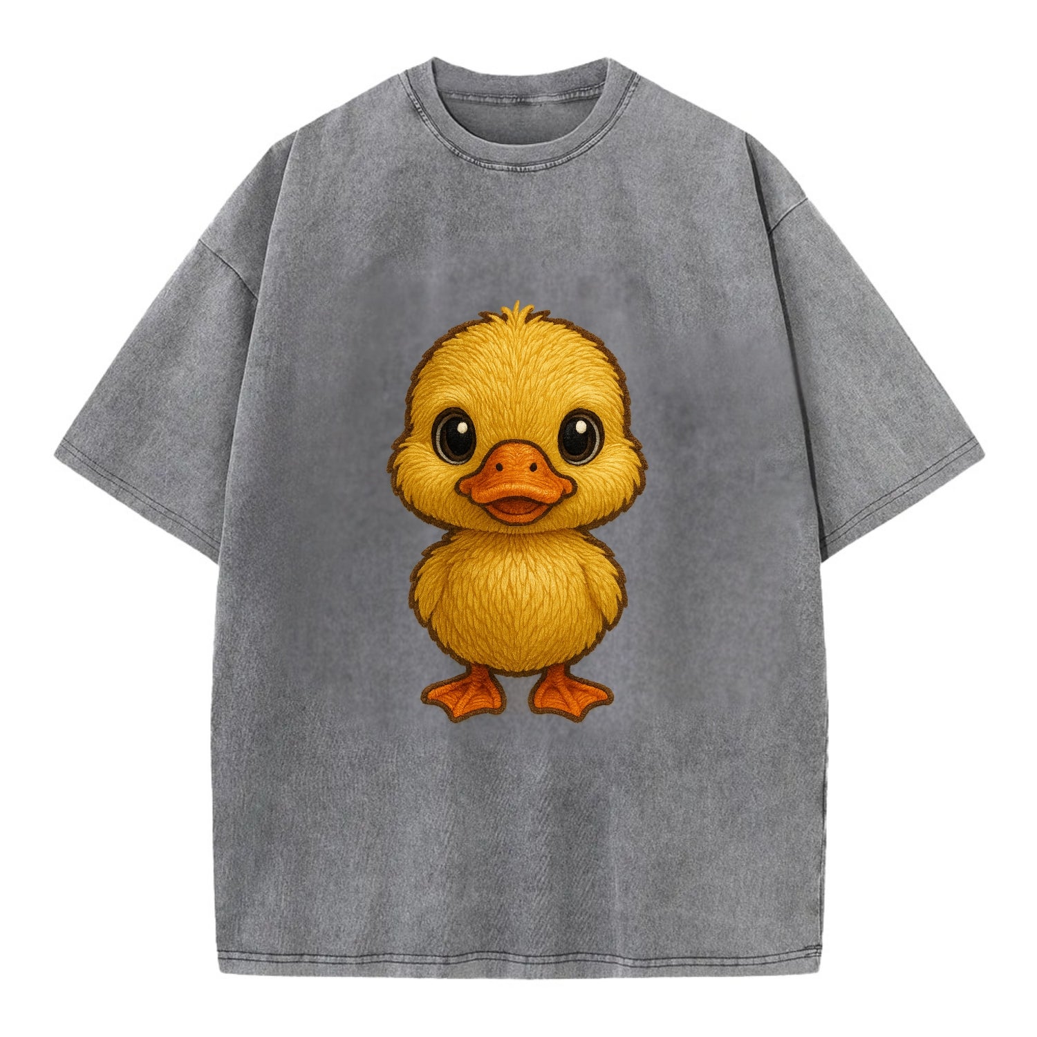 Baby Duck Duckling - yellow fluffy, orange beak, bright eyes, front-facing, quack - Vintage T-shirt - Grey