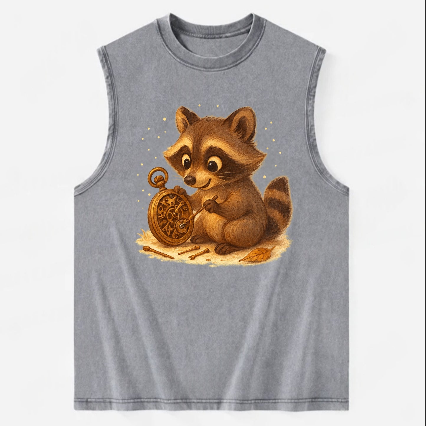 Raccoon tinkering with a steampunk pocket watch using tiny brass tools - Vintage Washed Tank - Grey