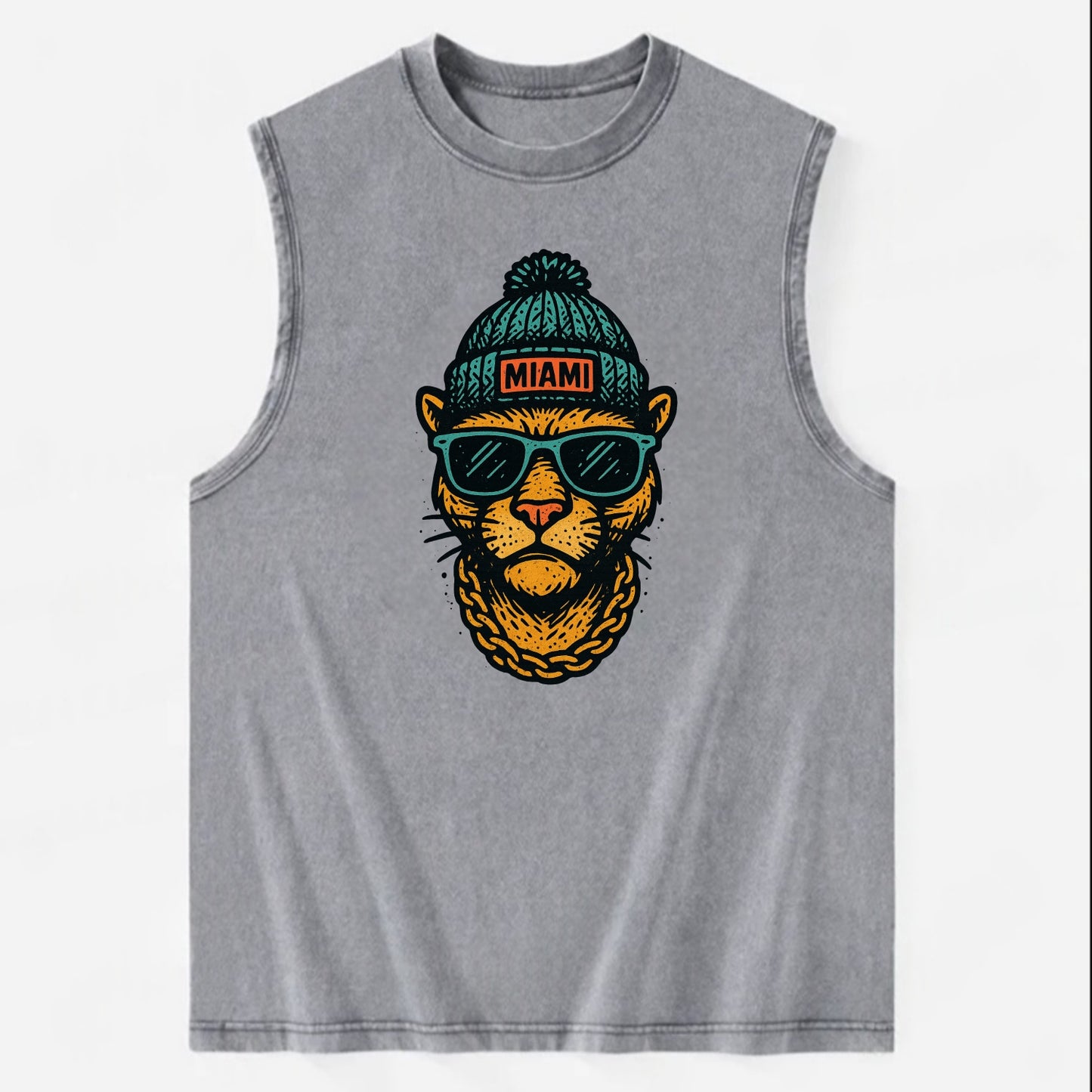 Florida Panther wearing Miami beanie with pom pom and wayfarer sunglasses - Vintage Washed Tank - Grey