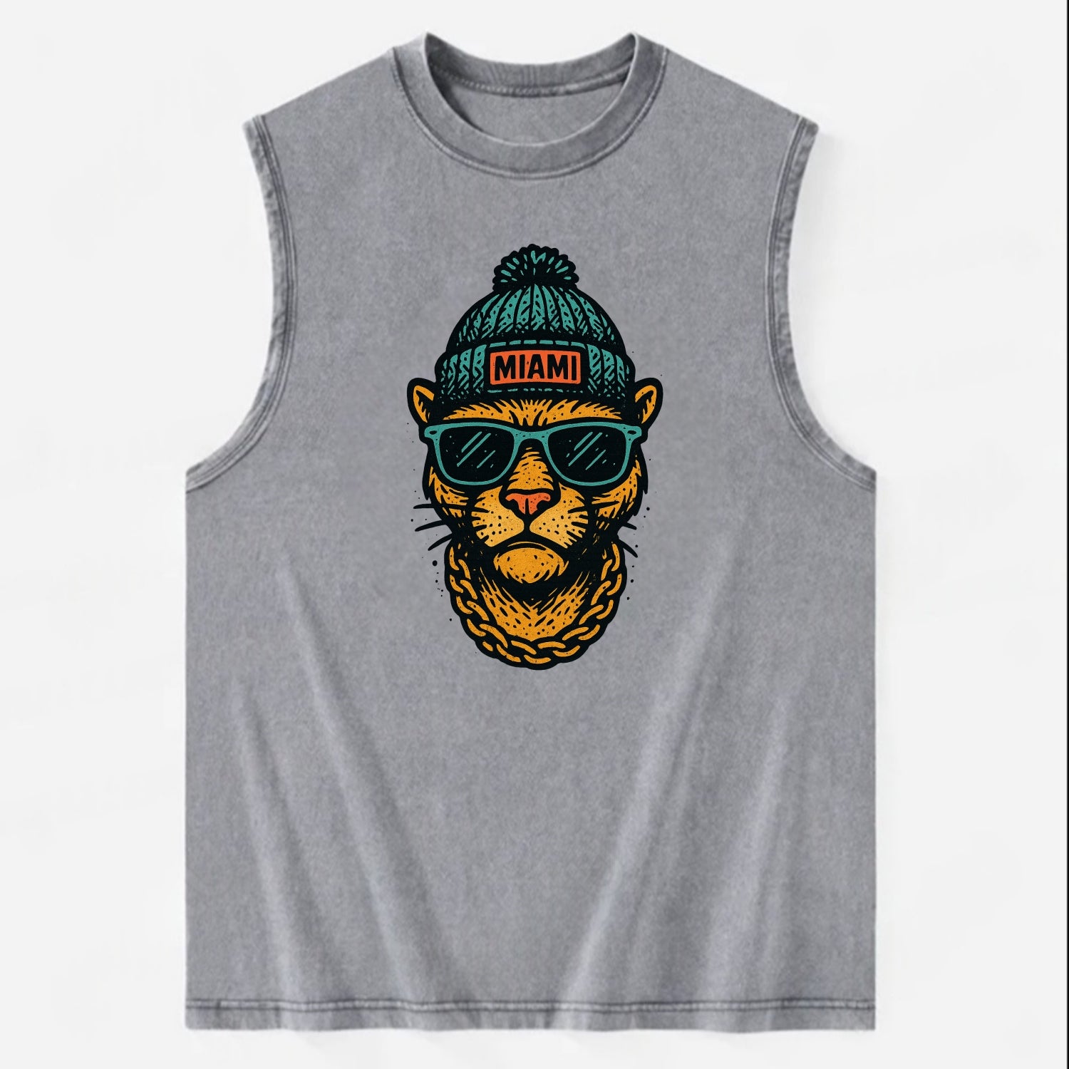 Florida Panther wearing Miami beanie with pom pom and wayfarer sunglasses - Vintage Washed Tank - Grey