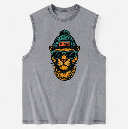 Florida Panther wearing Miami beanie with pom pom and wayfarer sunglasses - Vintage Washed Tank - Grey