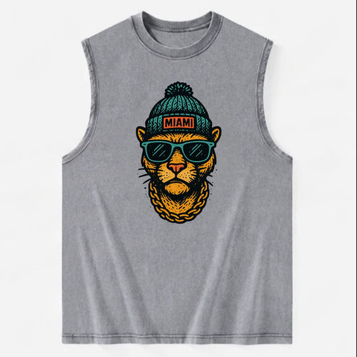 Florida Panther wearing Miami beanie with pom pom and wayfarer sunglasses - Vintage Washed Tank