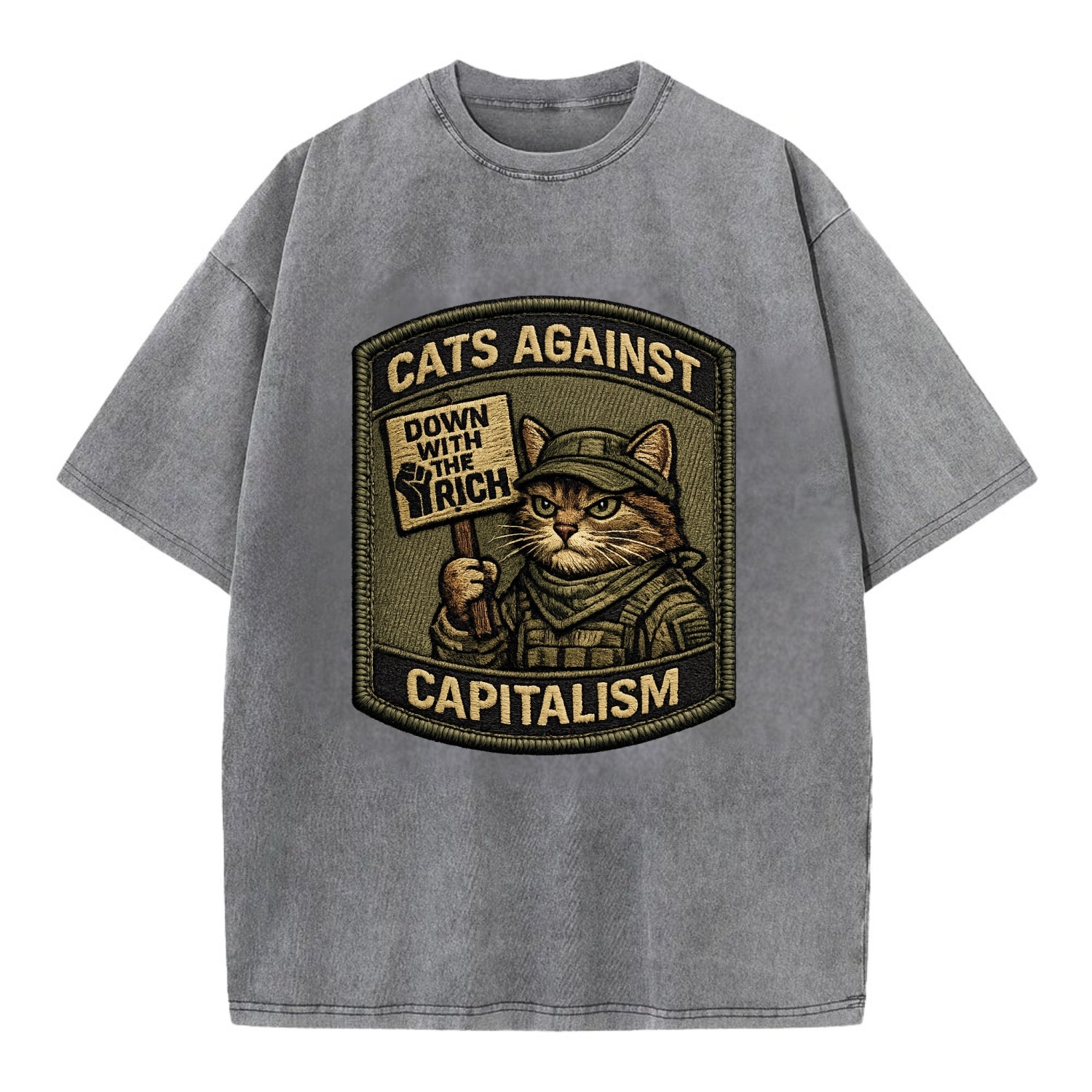 CATS AGAINST CAPITALISM - cat with protest sign in red , political cat - Vintage T-shirt - Grey