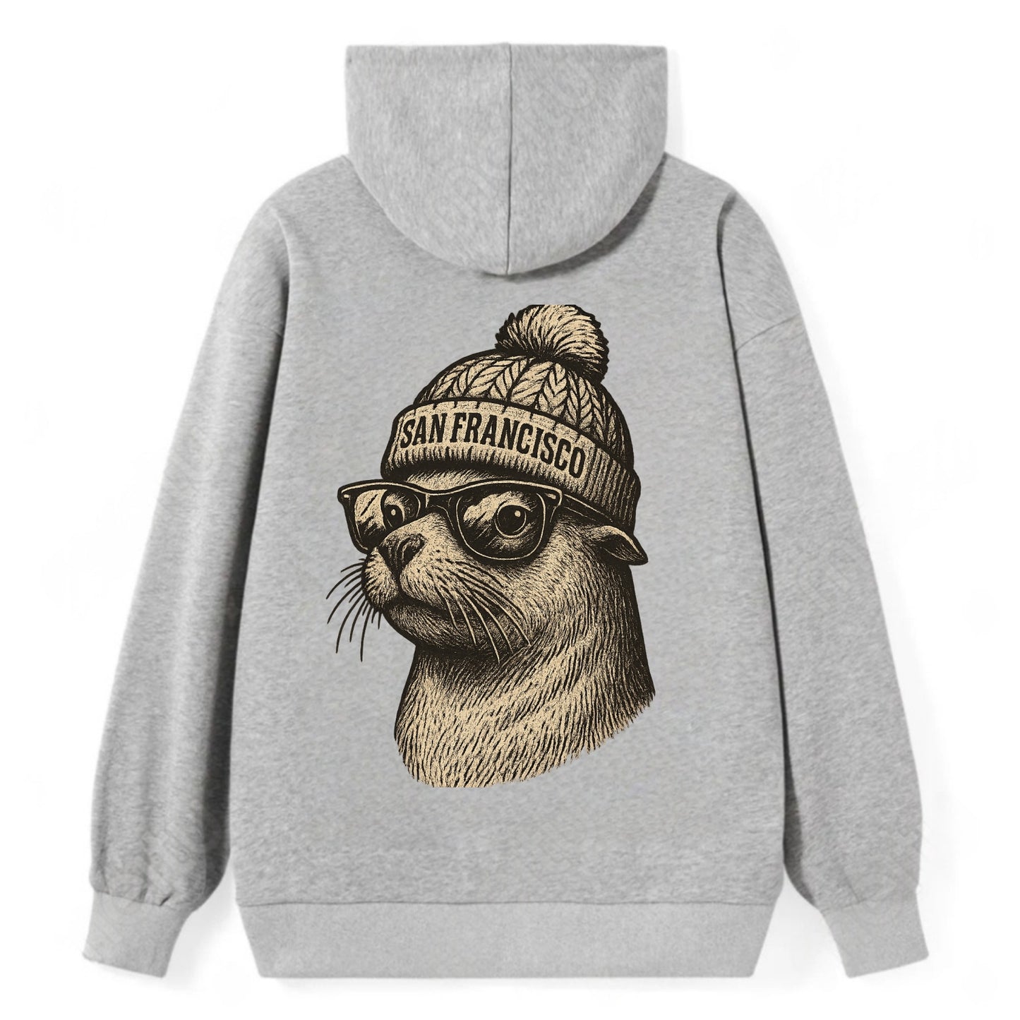 San Francisco Sea Lion wearing San Francisco beanie with pom pom and - Classic Pullover Hoodie - Grey