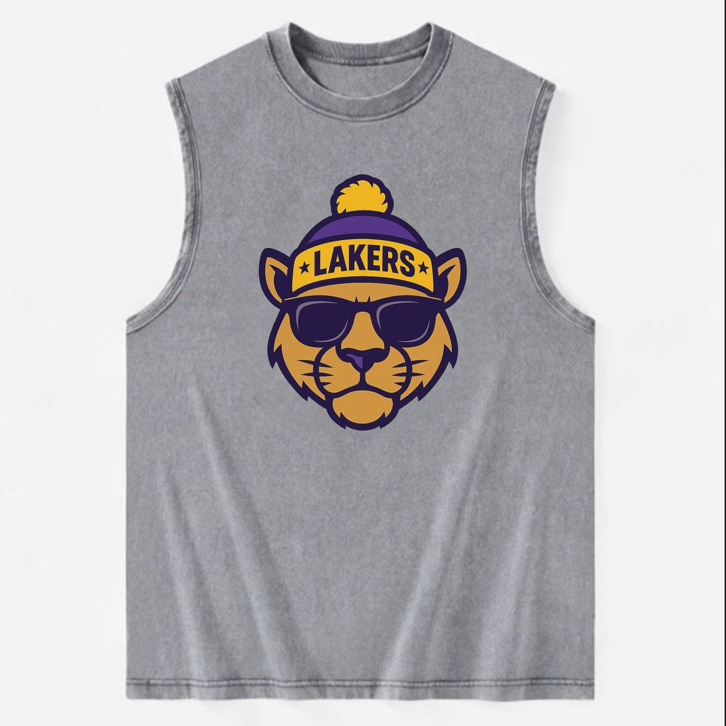 LA Mountain Lion wearing Lakers purple and gold beanie with championship - Vintage Washed Tank - Grey