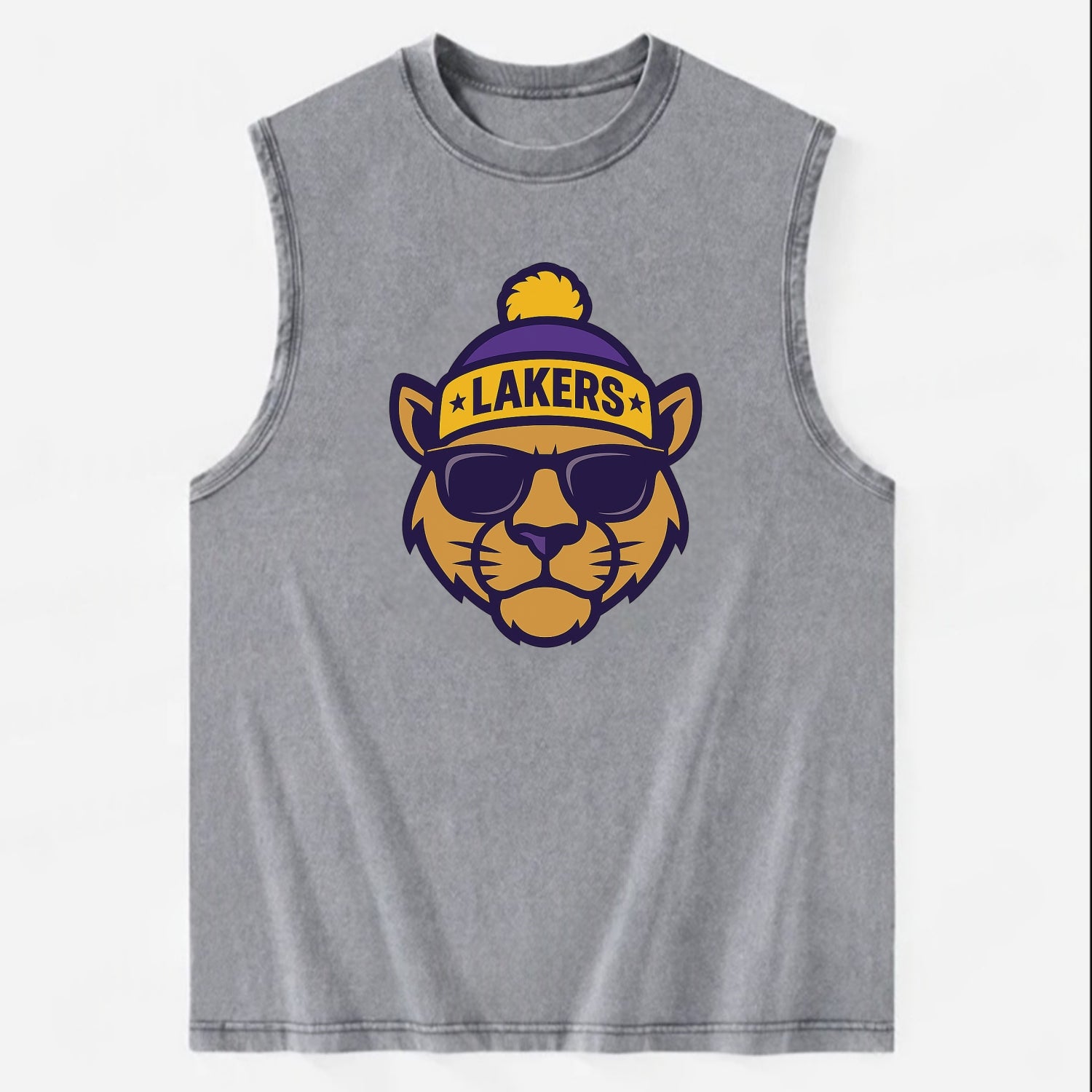 LA Mountain Lion wearing Lakers purple and gold beanie with championship - Vintage Washed Tank - Grey