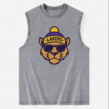 LA Mountain Lion wearing Lakers purple and gold beanie with championship - Vintage Washed Tank - Grey