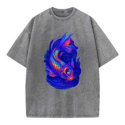 Sacred koi with scales reflecting rainbow prisms, yin-yang patterns in cosmic - Vintage T-shirt - Grey