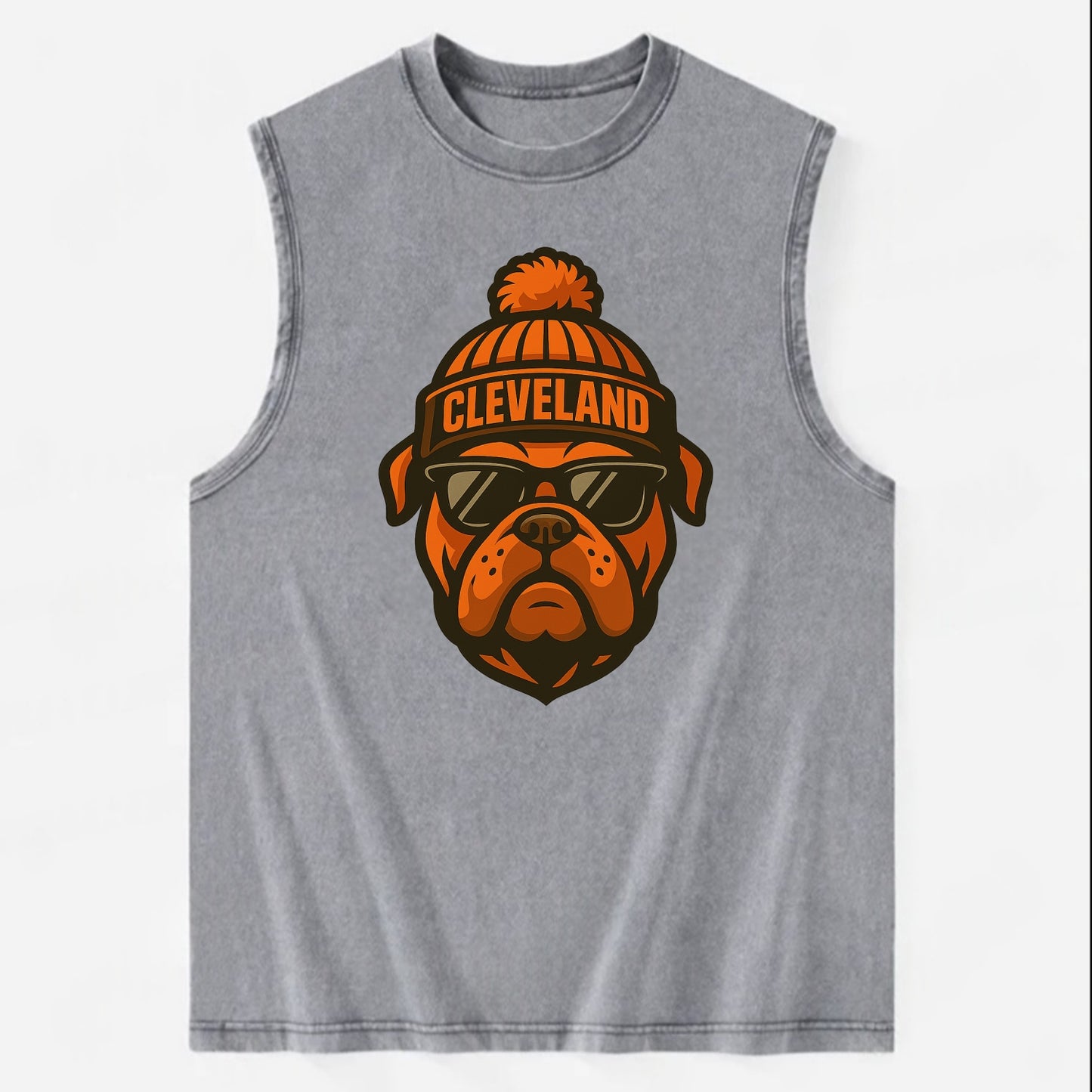 Cleveland Bulldog wearing Browns orange and brown beanie with pom pom and - Vintage Washed Tank - Grey