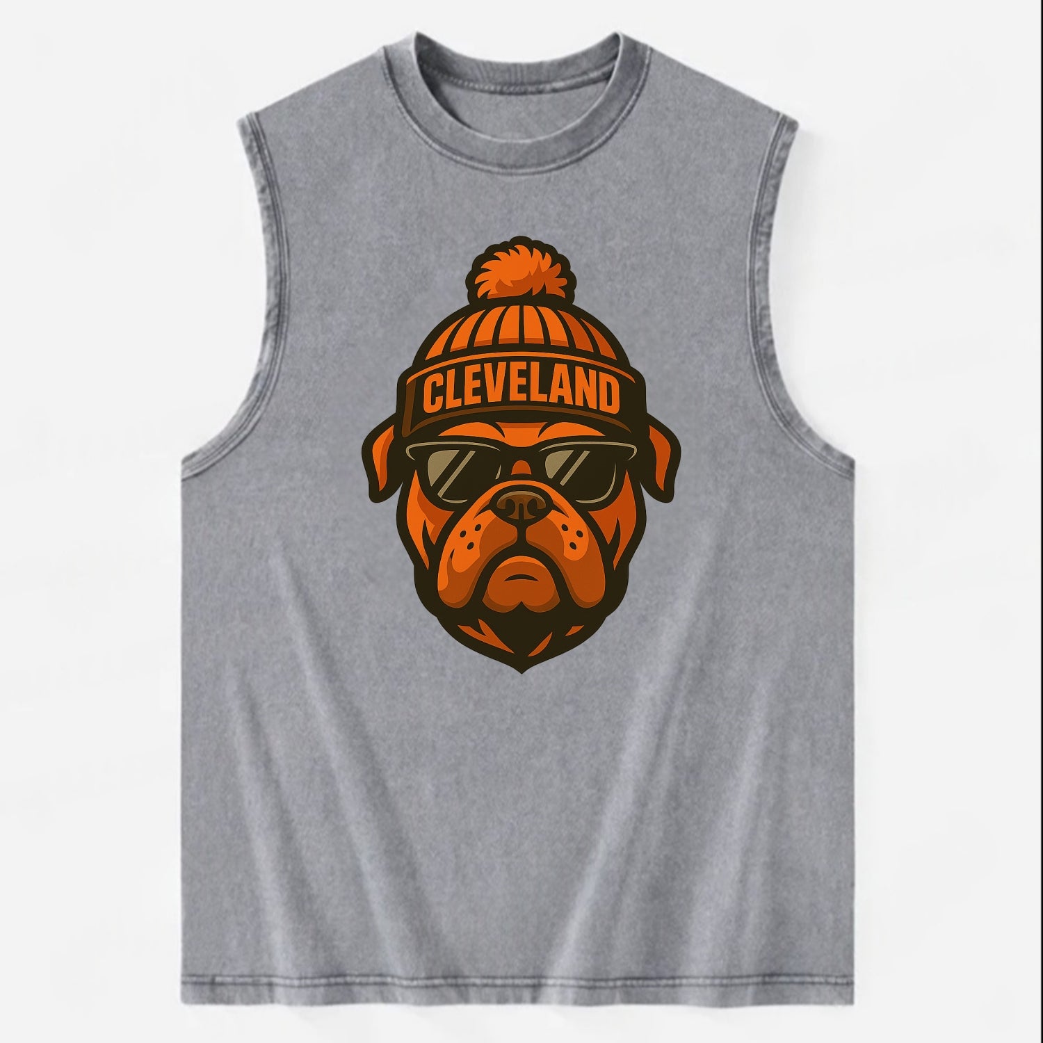 Cleveland Bulldog wearing Browns orange and brown beanie with pom pom and - Vintage Washed Tank - Grey