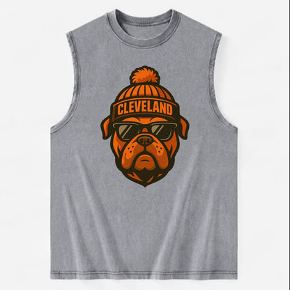 Cleveland Bulldog wearing Browns orange and brown beanie with pom pom and - Vintage Washed Tank - Grey