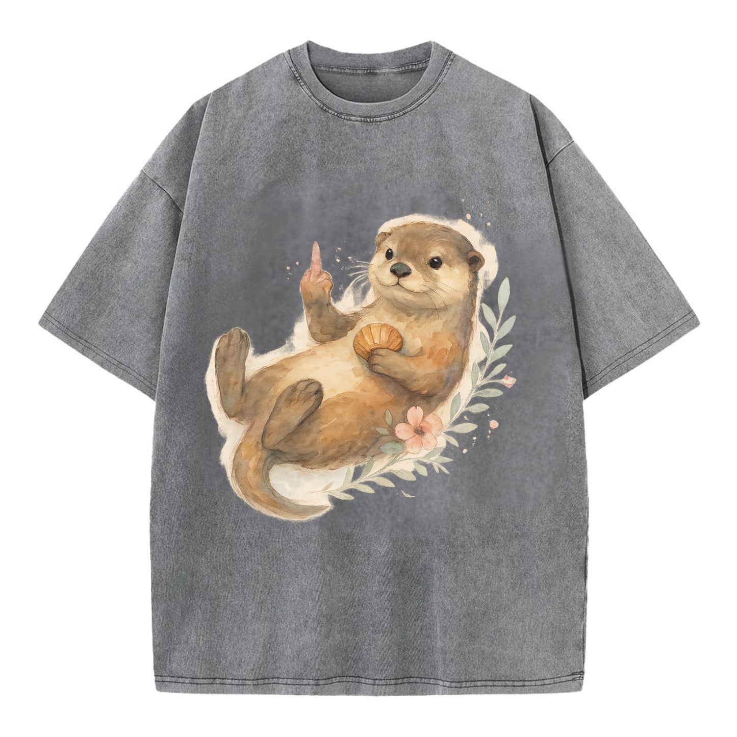 adorable otter floating on back, middle finger up while holding a shellfish - Vintage T-shirt - Grey