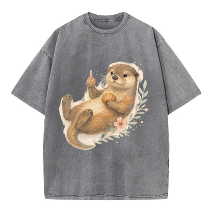 adorable otter floating on back, middle finger up while holding a shellfish - Vintage T-shirt - Grey