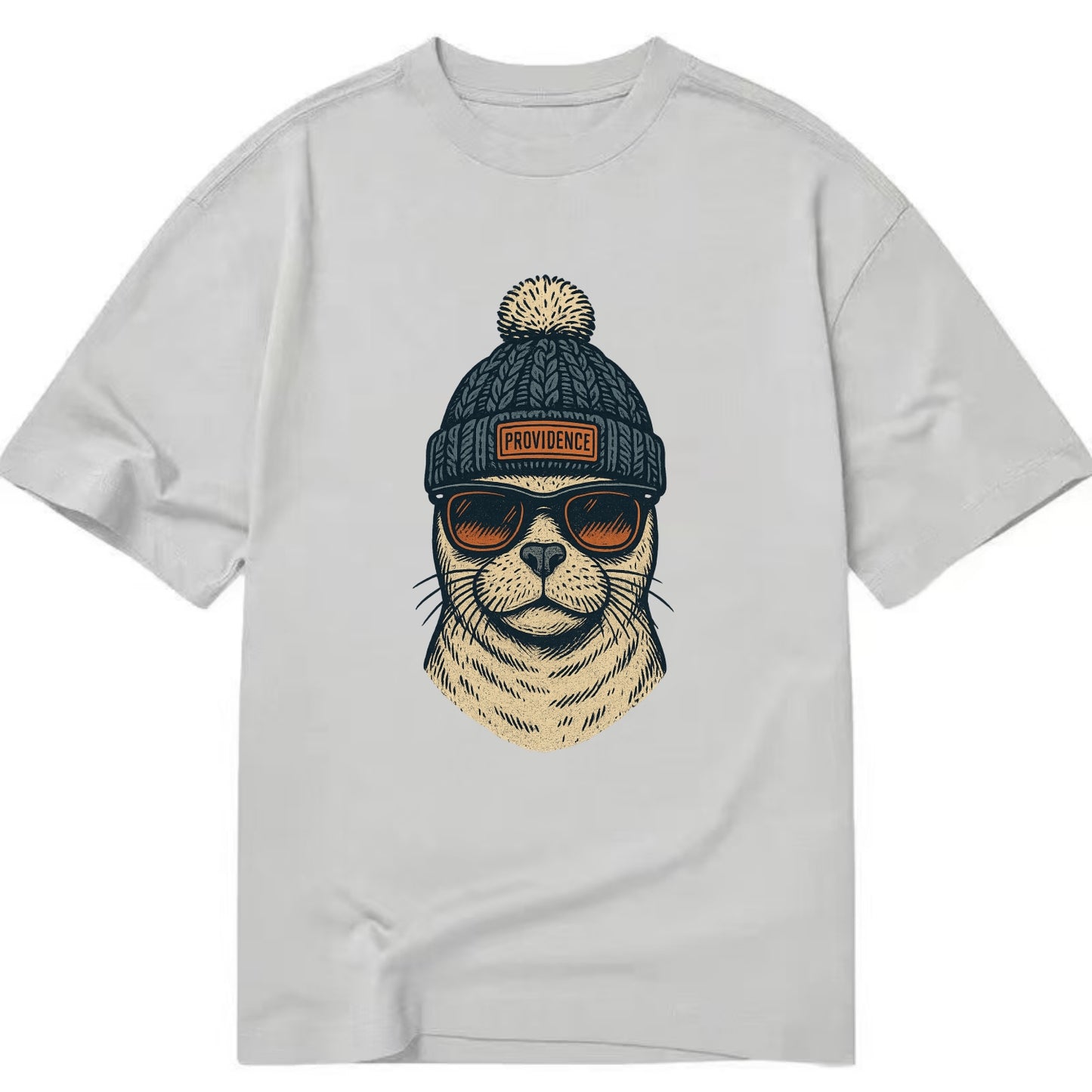 Rhode Island Harbor Seal wearing Providence beanie with pom pom and wayfarer - Classic T-shirt - Grey