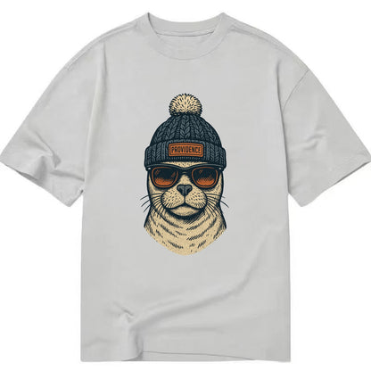 Rhode Island Harbor Seal wearing Providence beanie with pom pom and wayfarer - Classic T-shirt - Grey