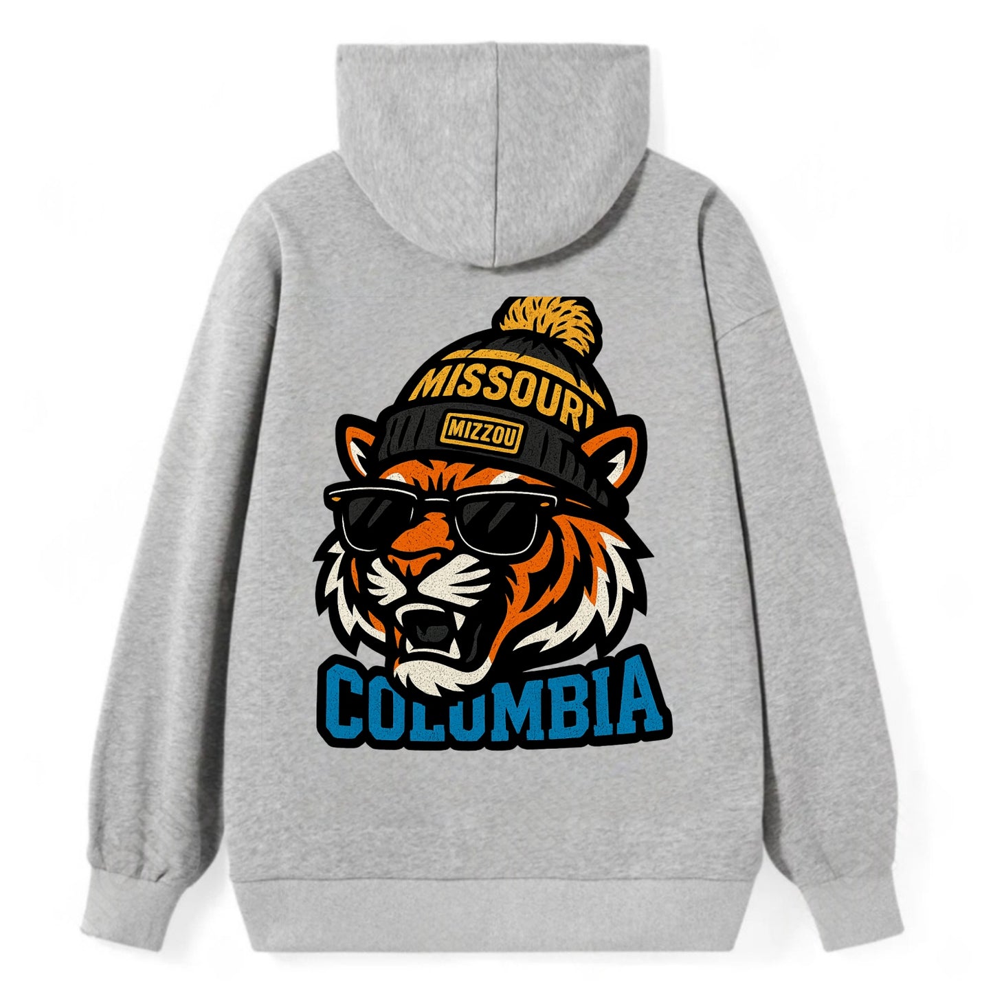 Columbia Tiger wearing Missouri beanie with Mizzou patch - Classic Pullover Hoodie - Grey