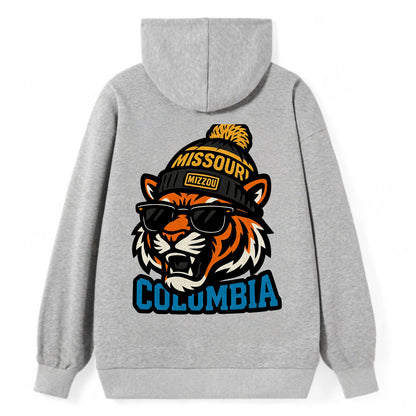 Columbia Tiger wearing Missouri beanie with Mizzou patch - Classic Pullover Hoodie - Grey