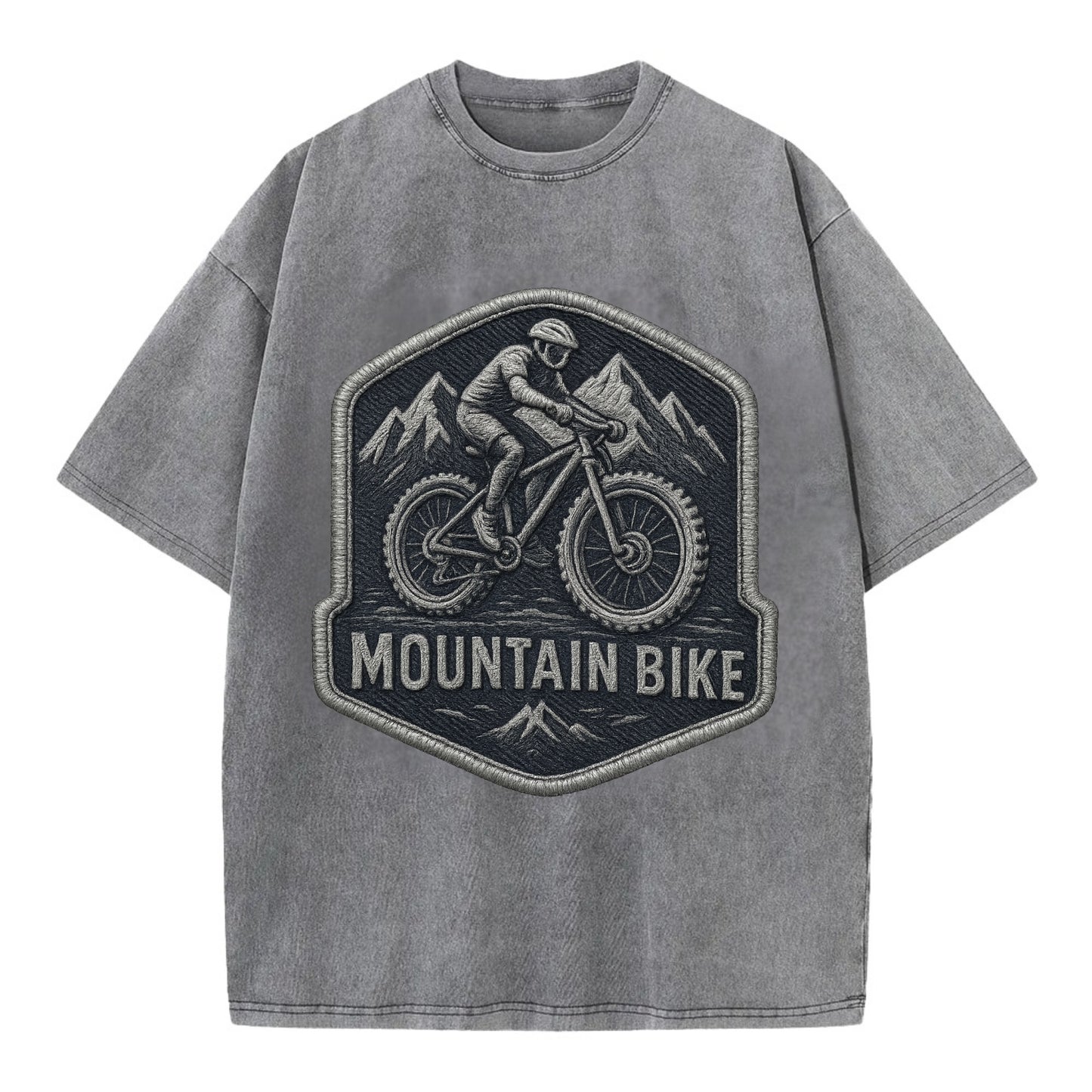 Mountain bike with rugged tires - cyclist badge - Vintage T-shirt - Grey
