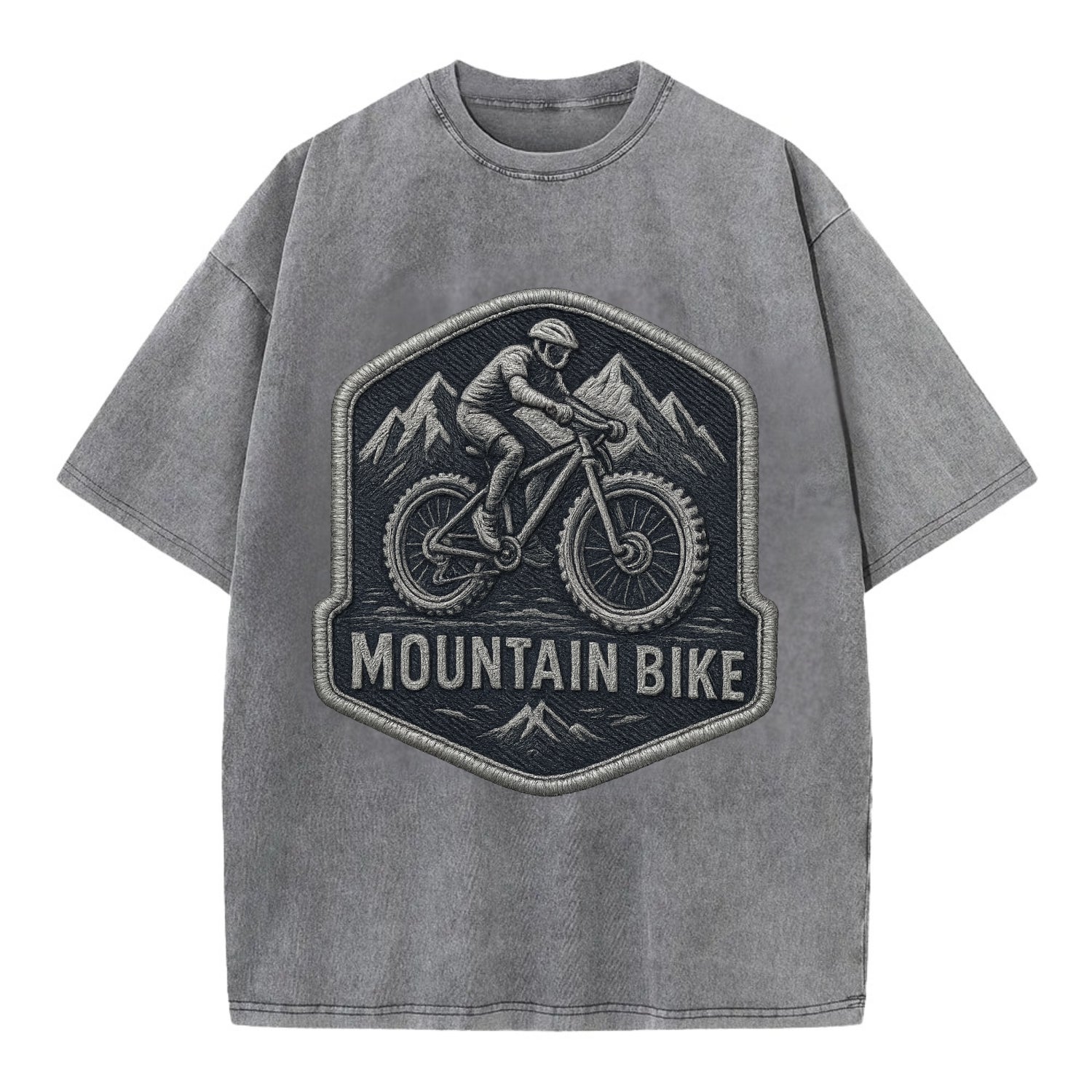 Mountain bike with rugged tires - cyclist badge - Vintage T-shirt - Grey