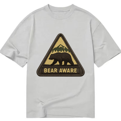 BEAR AWARE - bear silhouette warning in brown and yellow , wilderness safety - Classic T-shirt - Grey