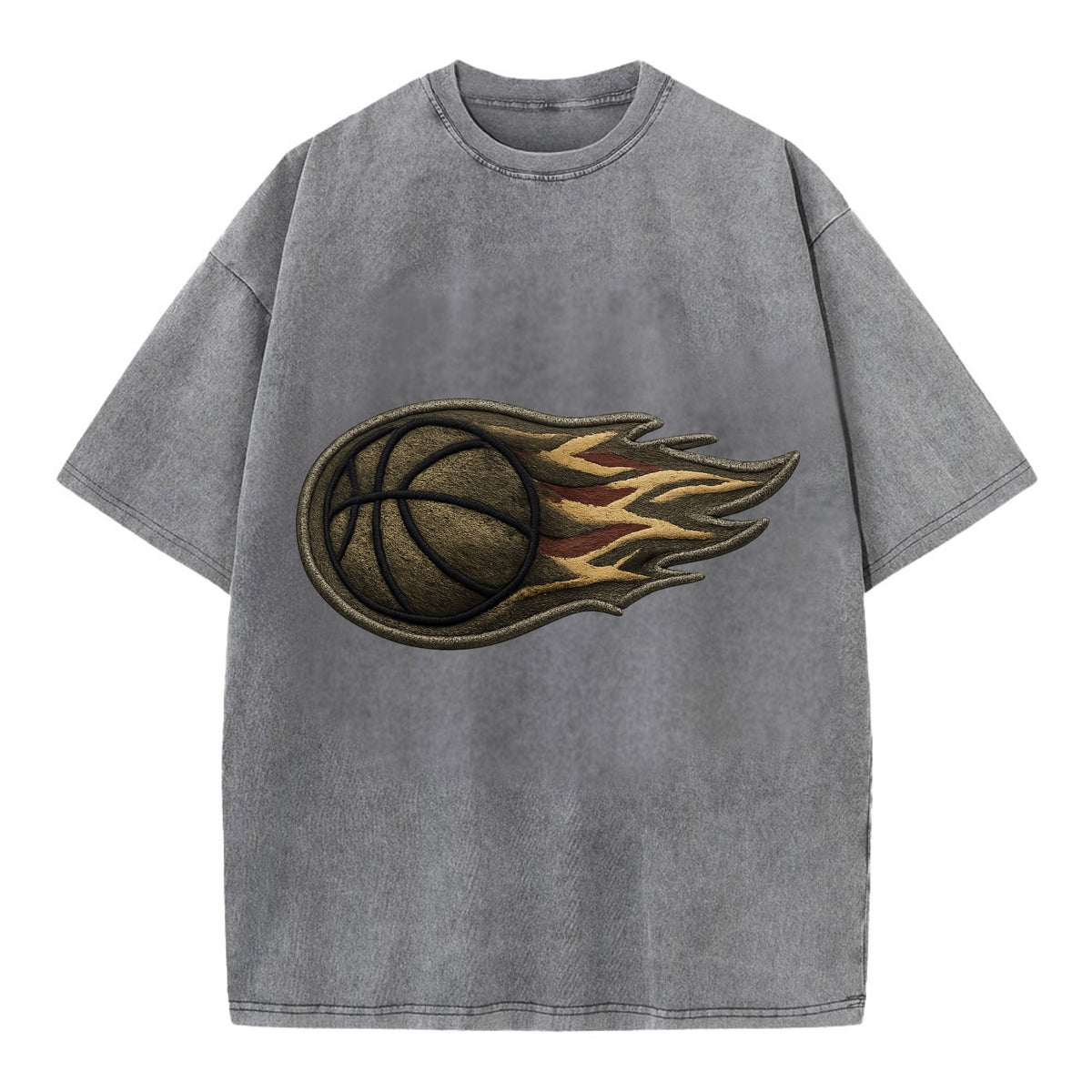 Embroidered patch design - BASKETBALL FLAMING BALL - basketball with flames in - Vintage T-shirt - Grey