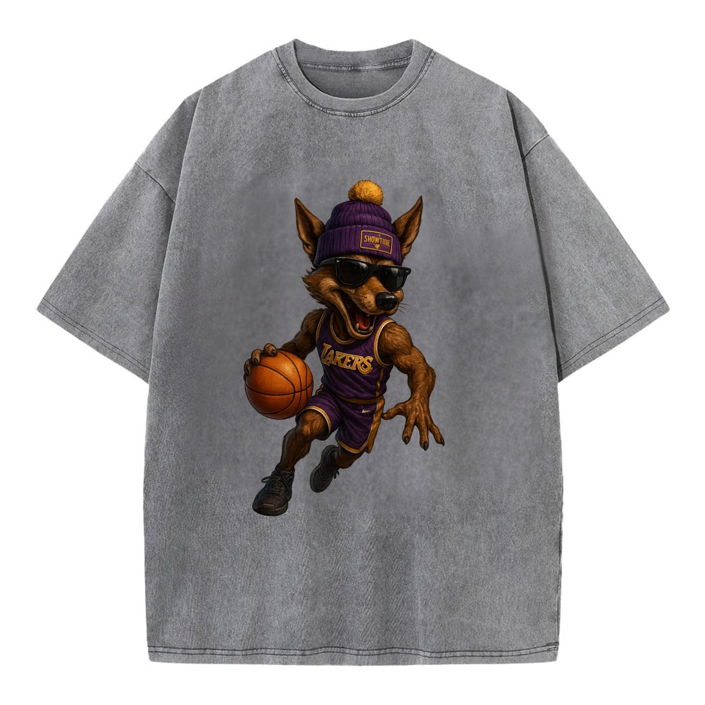 Hollywood Coyote wearing Lakers beanie with Showtime patch and wayfarer sunglasses - Vintage T-shirt - Grey