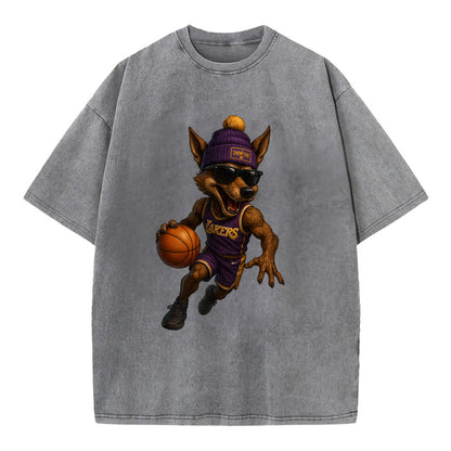 Hollywood Coyote wearing Lakers beanie with Showtime patch and wayfarer sunglasses - Vintage T-shirt - Grey